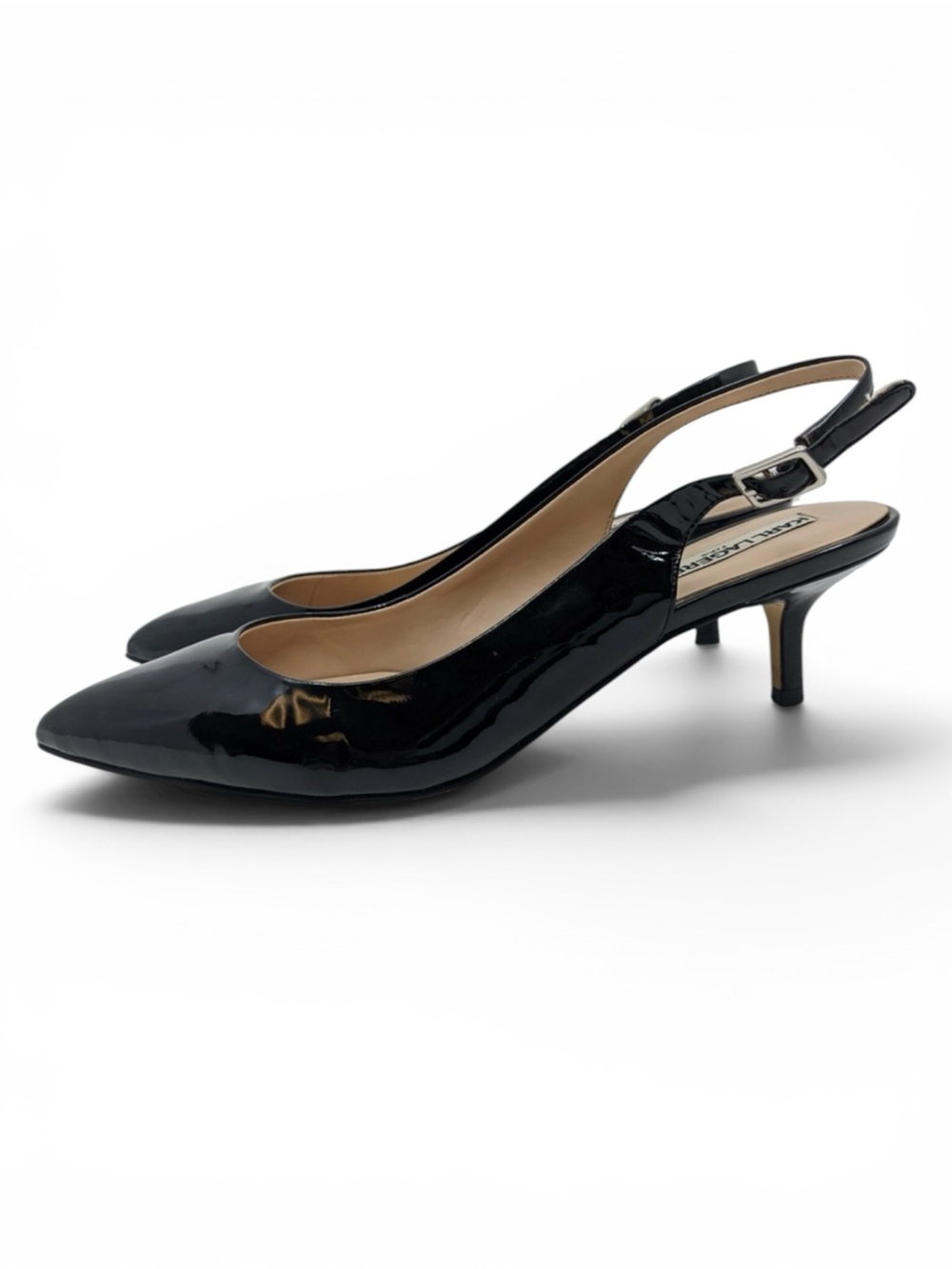 ECU Karl Lagerfeld Lily Black patent leather pointed toe sling back heels